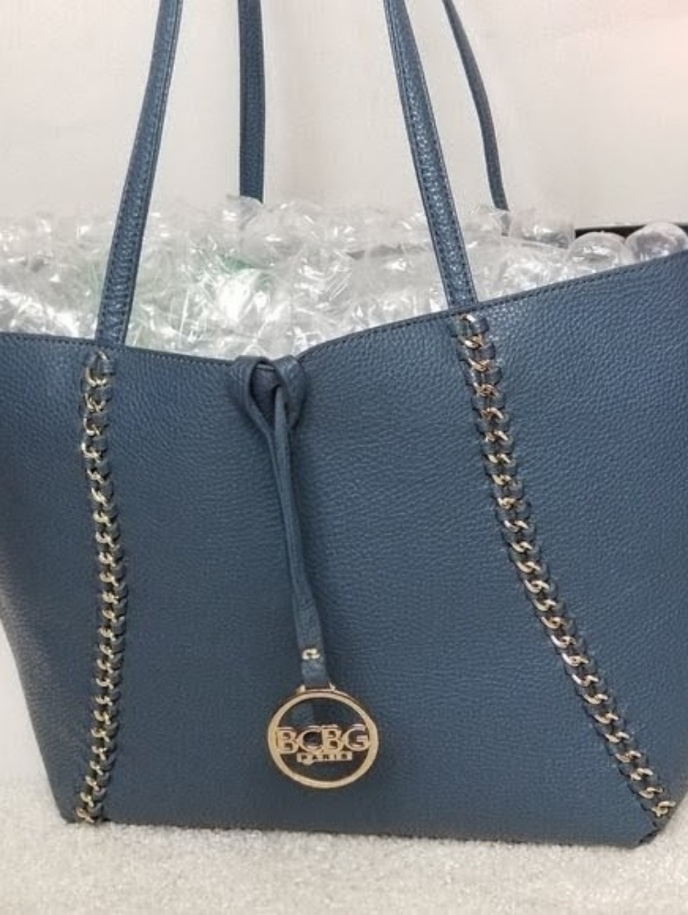 BCBG Slate Blue Chain-Trim Tote